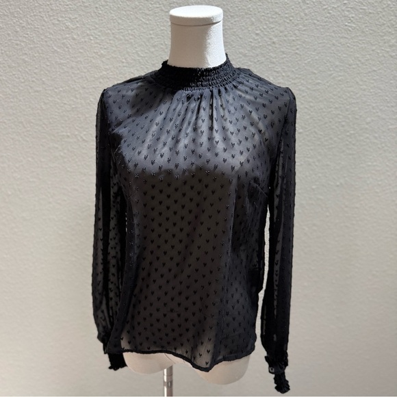 H&M Elegant Sheer Black Chiffon Blouse With Smocking and Textured Hearts Size 2 - Picture 11 of 15